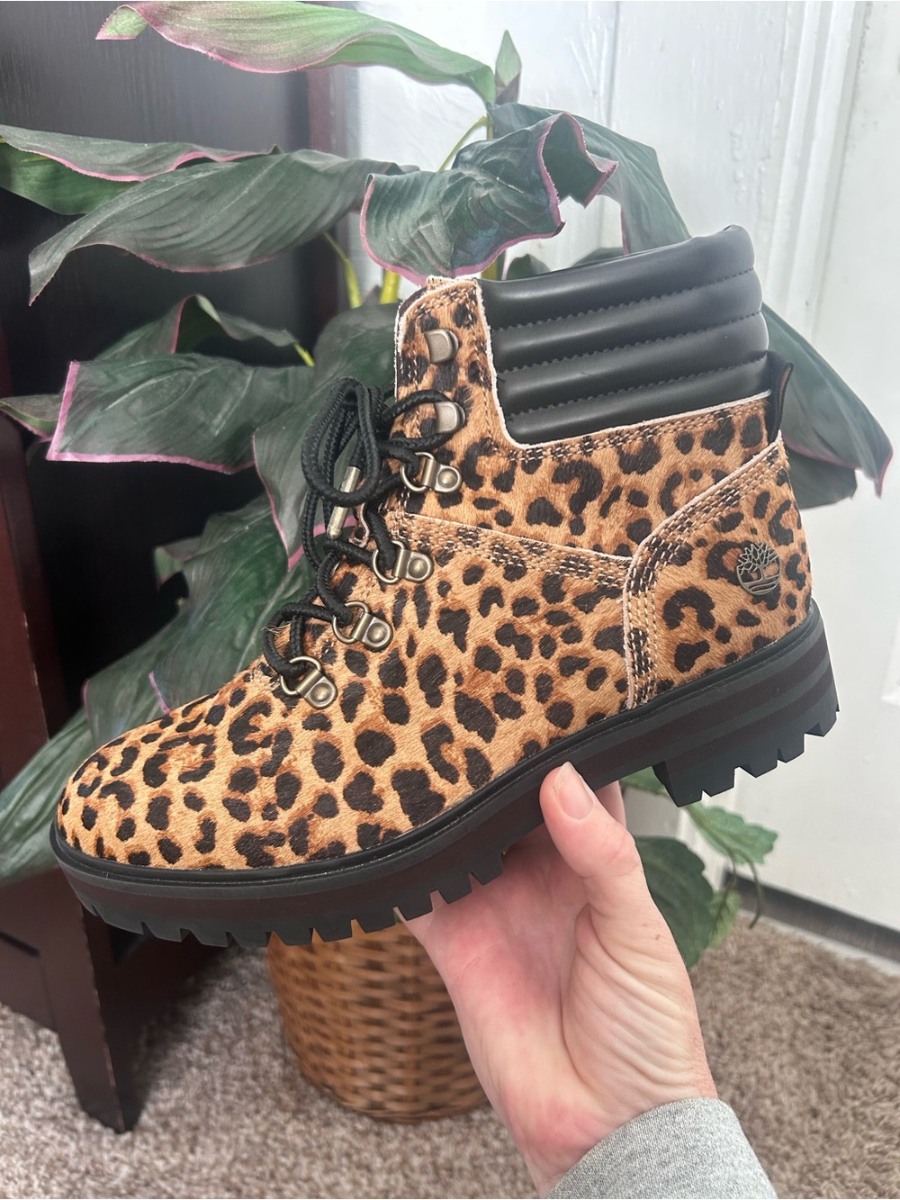Timberland Leopard Print Lace-Up Ankle Boots with Black Collar